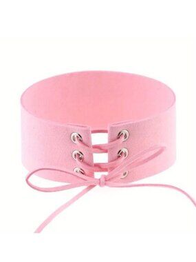 Leather Choker Collar Necklace Pink Bondage Emo Role Play Fetish Sexy Cosplay